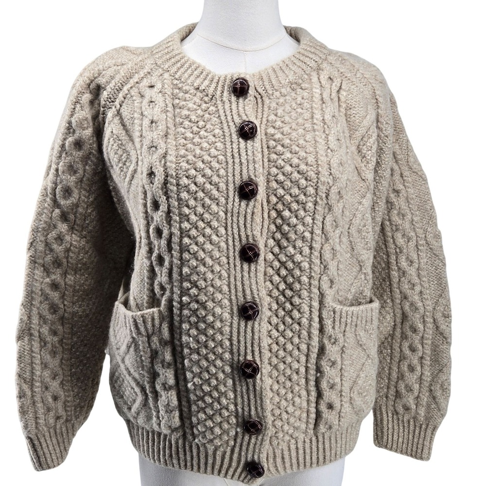 Aran Woollen Mills Cardigan Womens S Beige 100% Merino Wool Cable-Knit Pockets